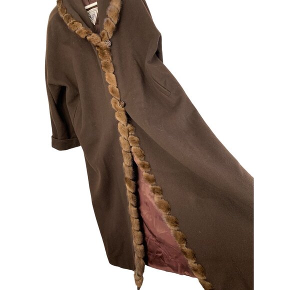Vintage  Sz 16 Marvin Richards Brown Wool Coat Mink Trim Maxi Brown 7905 - Picture 5 of 15